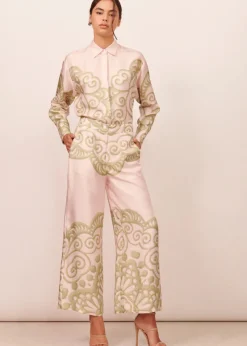 Women APARTMENT CLOTHING - CORALIE SILK WIDE LEG PANT (PINK / GREEN)