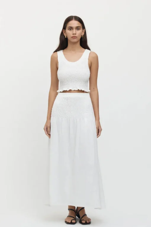 Friend of Audrey - Eze Shirred Linen Midi Crop Top (White)