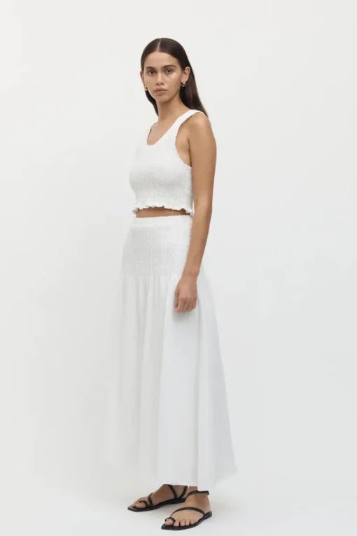Friend of Audrey - Eze Shirred Linen Midi Crop Top (White)