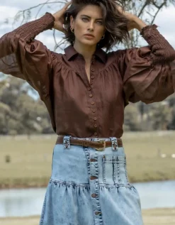 Ministry of Style - Wrangler Shirred Blouse Coco De Mer FINAL SALE