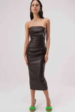 Misha - GRIFFIN DRAPE DETAIL STRAPLESS DRESS (Chocolate)