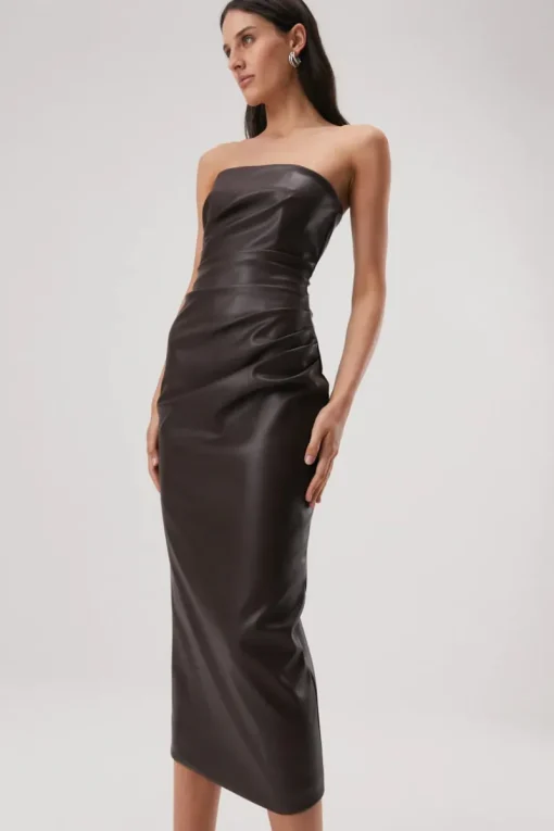 Misha - GRIFFIN DRAPE DETAIL STRAPLESS DRESS (Chocolate)
