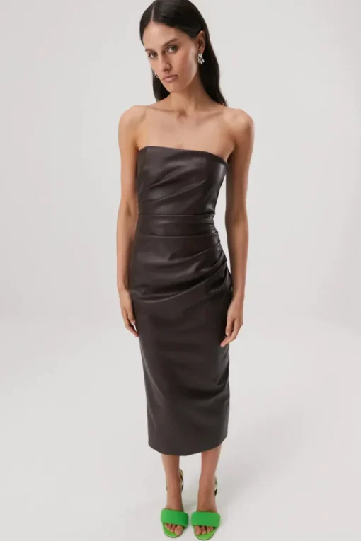 Misha - GRIFFIN DRAPE DETAIL STRAPLESS DRESS (Chocolate)