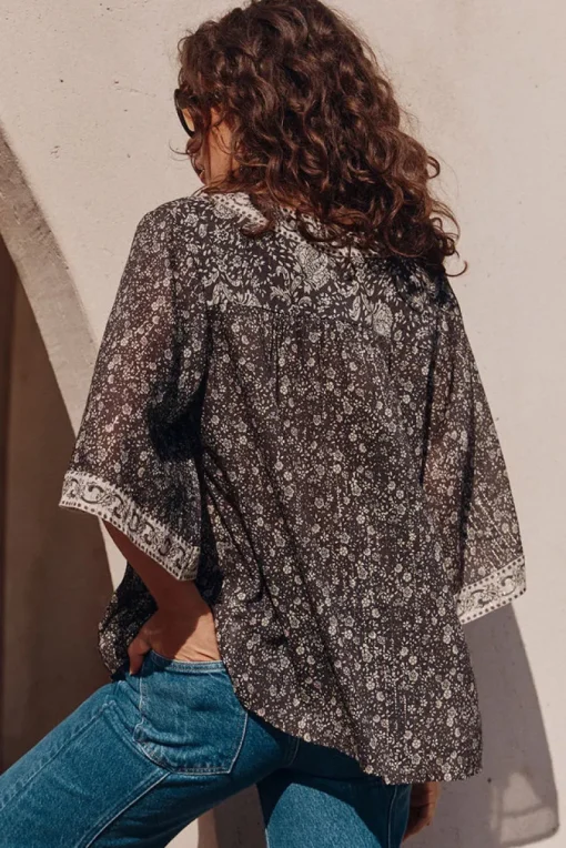 Spell AND THE GYPSY COLLECTIVE - LITTLE BIRD FLUTTER SLEEVE BLOUSE (MIDNIGHT)