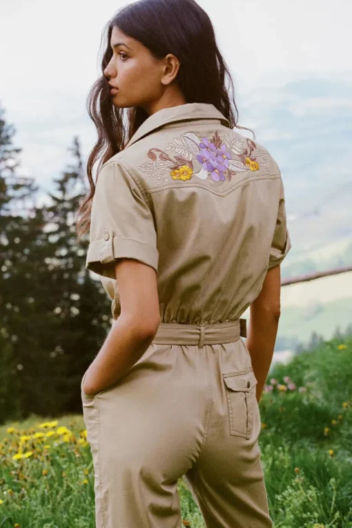 Women Spell AND THE GYPSY COLLECTIVE - FOXGLOVE EMBROIDERED BOILERSUIT (KHAKI)