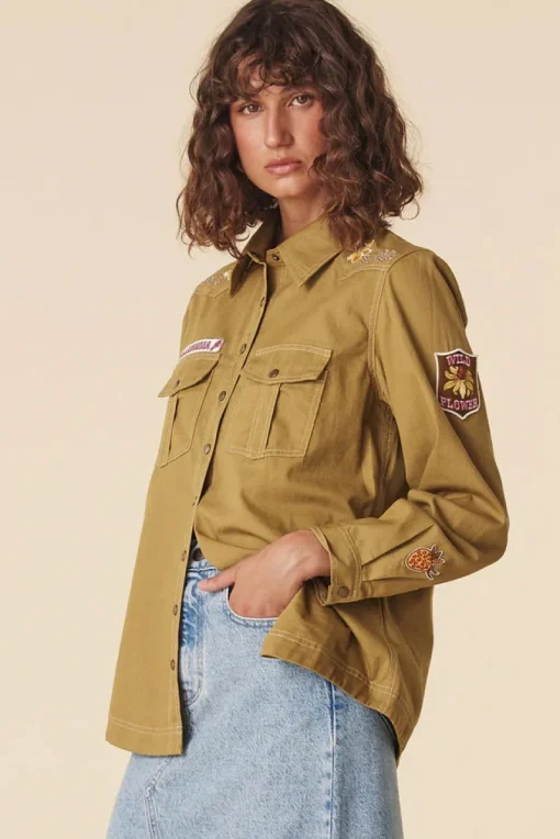 Spell AND THE GYPSY COLLECTIVE - FOXGLOVE EMBROIDERED SHIRT (OLIVE)
