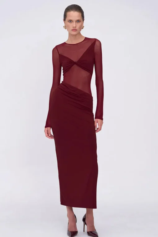 Suboo - AUGUSTE LONG SLEEVE MESH JERSEY MAXI DRESS (BORDEAUX) PRE-ORDER