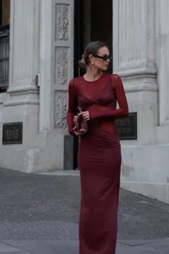 Suboo - AUGUSTE LONG SLEEVE MESH JERSEY MAXI DRESS (BORDEAUX) PRE-ORDER