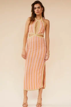 Suboo - Biba Halter Cut Out Midi Dress (Peach Stripe)