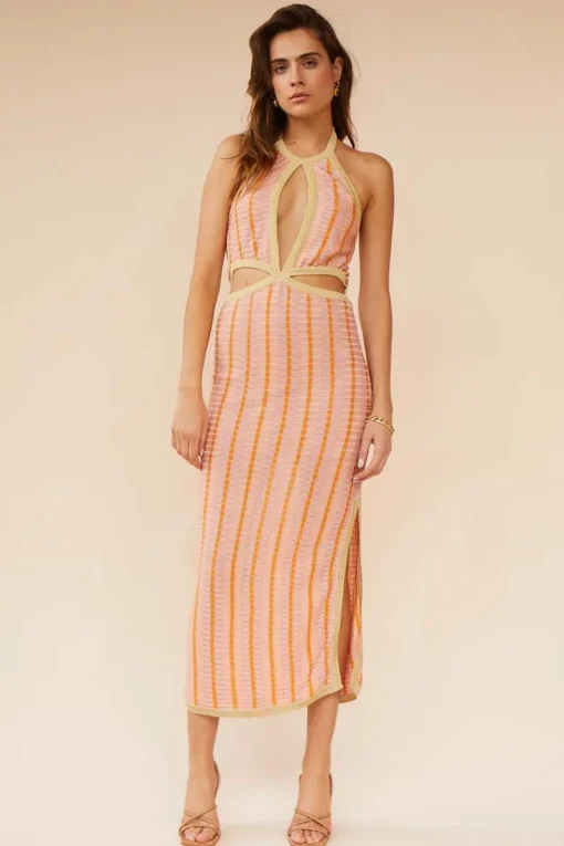 Suboo - Biba Halter Cut Out Midi Dress (Peach Stripe)