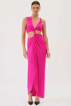 Suboo - GARNET SLEEVELESS ROUCHED CROSS OVER MIDI DRESS (PINK)