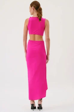 Suboo - GARNET SLEEVELESS ROUCHED CROSS OVER MIDI DRESS (PINK)