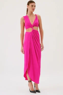 Suboo - GARNET SLEEVELESS ROUCHED CROSS OVER MIDI DRESS (PINK)