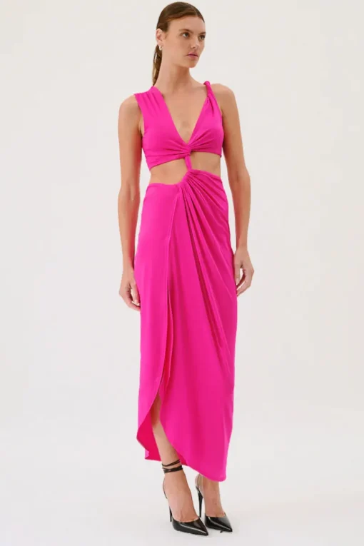 Suboo - GARNET SLEEVELESS ROUCHED CROSS OVER MIDI DRESS (PINK)