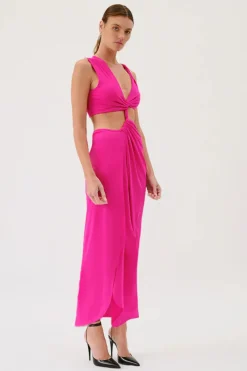 Suboo - GARNET SLEEVELESS ROUCHED CROSS OVER MIDI DRESS (PINK)