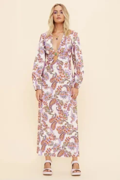 Suboo - Sienna Long Sleeve Keyhole Front Maxi Dress (White Paisley)