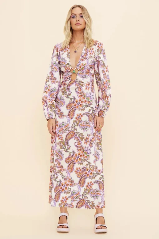 Suboo - Sienna Long Sleeve Keyhole Front Maxi Dress (White Paisley)