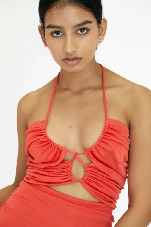 Third Form - Look Through Gather Midi Dress (Coral)